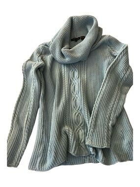 Jeanne Pierre 100% Cotton Chunky Cable Knit Cowl Neck Sweater Blue Medium
